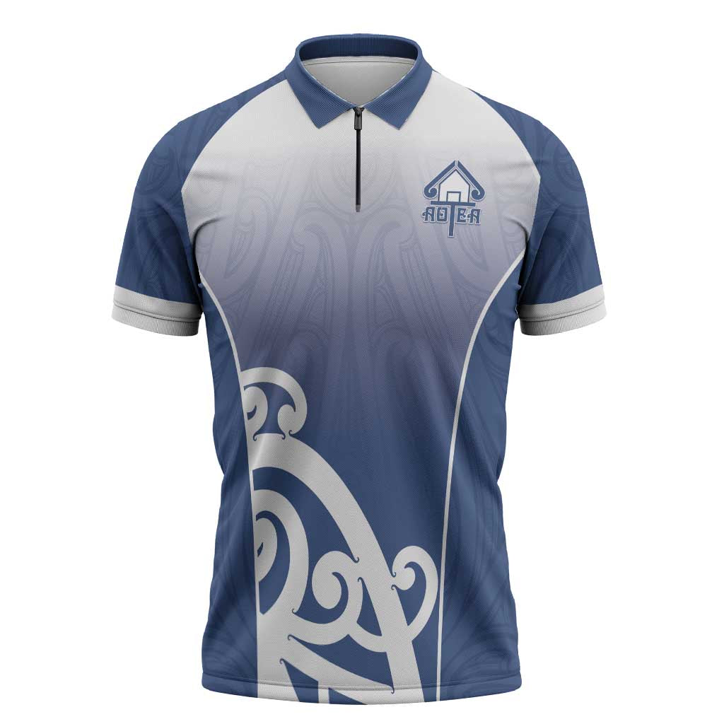 Custom New Zealand Aotea College Zipper Polo Shirt Maori Koru Pattern LT05 Blue - Polynesian Pride