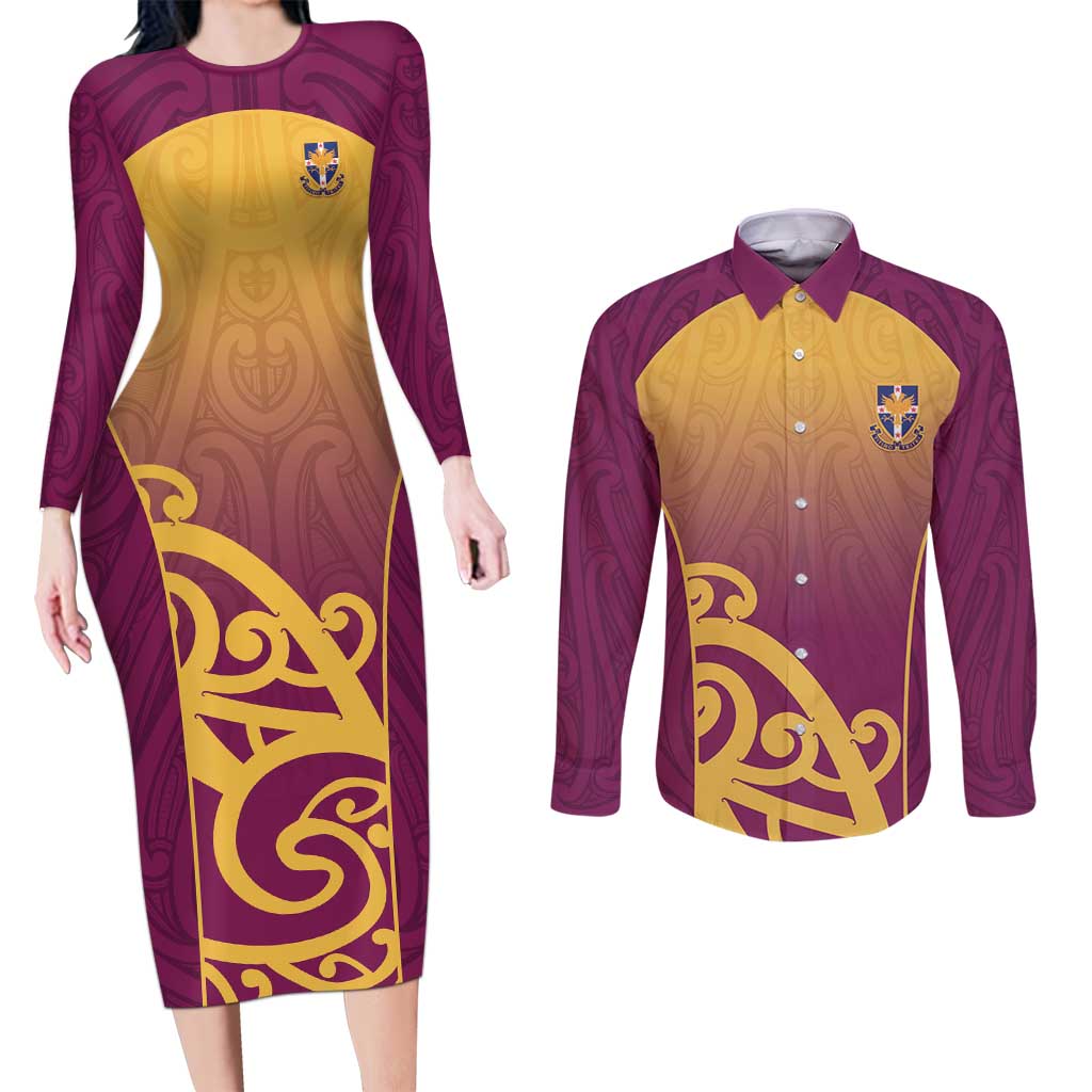 Custom Waiuku College Couples Matching Long Sleeve Bodycon Dress and Long Sleeve Button Shirt Maori Koru Pattern LT05 Maroon - Polynesian Pride