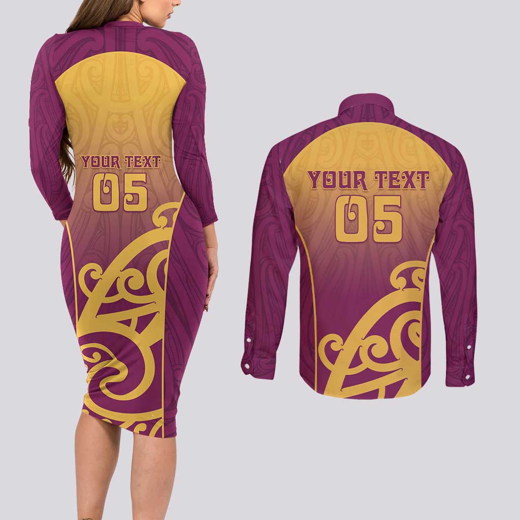 Custom Waiuku College Couples Matching Long Sleeve Bodycon Dress and Long Sleeve Button Shirt Maori Koru Pattern