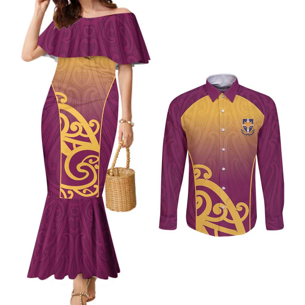Custom Waiuku College Couples Matching Mermaid Dress and Long Sleeve Button Shirt Maori Koru Pattern LT05 Maroon - Polynesian Pride