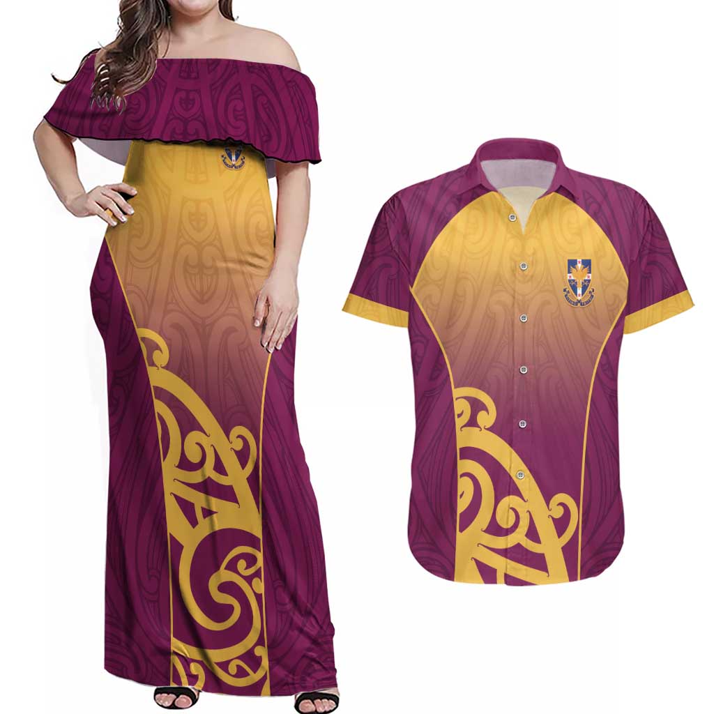 Custom Waiuku College Couples Matching Off Shoulder Maxi Dress and Hawaiian Shirt Maori Koru Pattern LT05 Maroon - Polynesian Pride