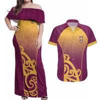Custom Waiuku College Couples Matching Off Shoulder Maxi Dress and Hawaiian Shirt Maori Koru Pattern LT05 Maroon - Polynesian Pride