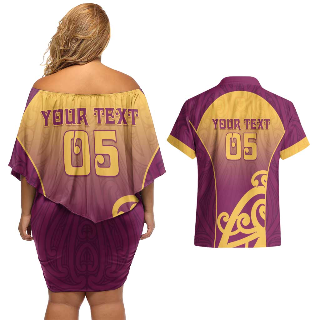 Custom Waiuku College Couples Matching Off Shoulder Short Dress and Hawaiian Shirt Maori Koru Pattern