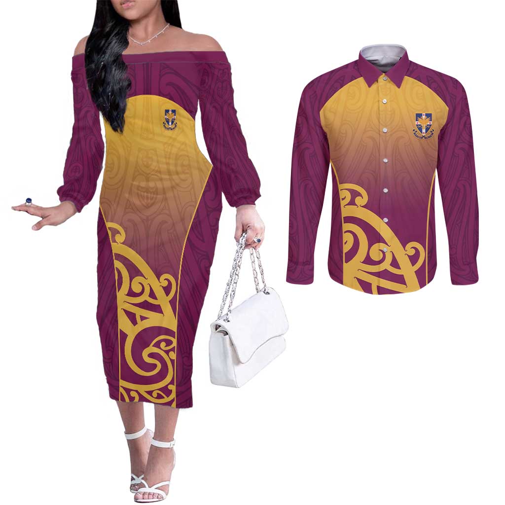 Custom Waiuku College Couples Matching Off The Shoulder Long Sleeve Dress and Long Sleeve Button Shirt Maori Koru Pattern LT05 Maroon - Polynesian Pride