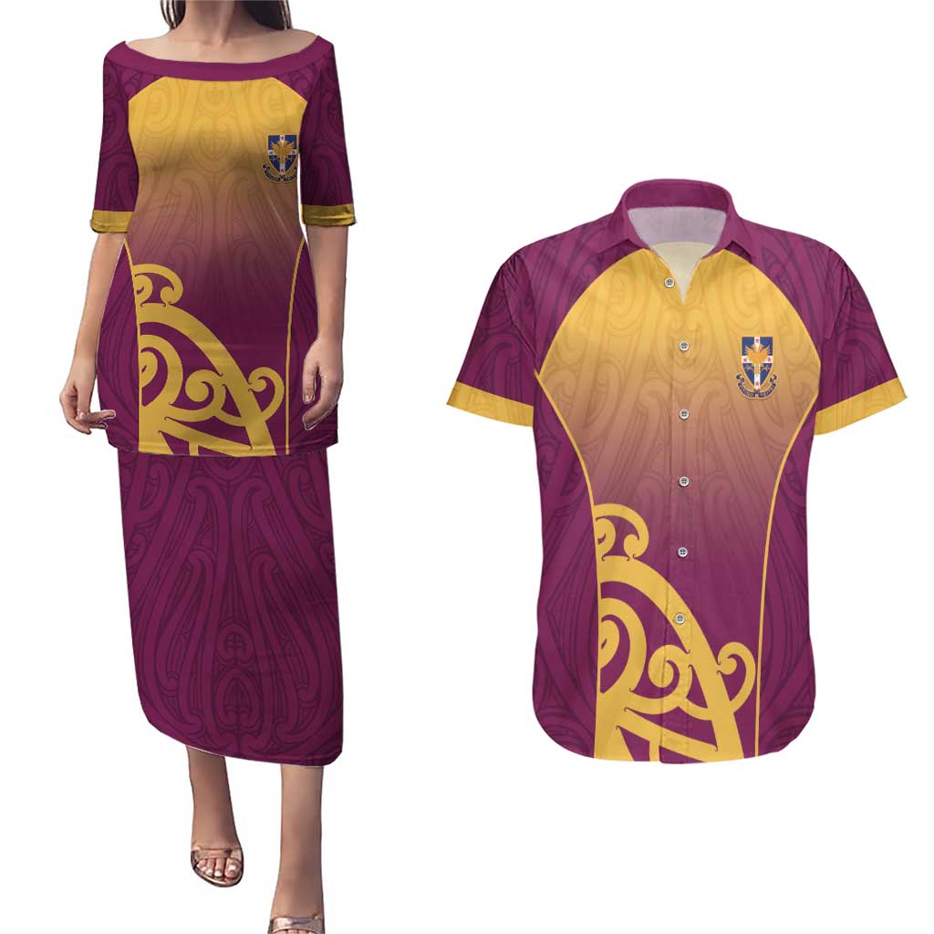 Custom Waiuku College Couples Matching Puletasi and Hawaiian Shirt Maori Koru Pattern LT05 Maroon - Polynesian Pride