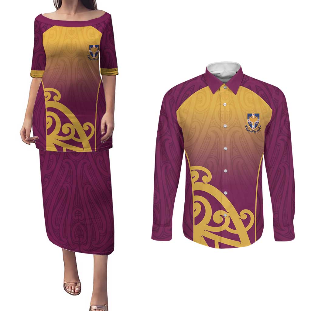 Custom Waiuku College Couples Matching Puletasi and Long Sleeve Button Shirt Maori Koru Pattern LT05 Maroon - Polynesian Pride