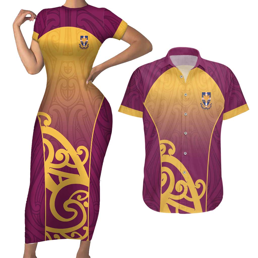 Custom Waiuku College Couples Matching Short Sleeve Bodycon Dress and Hawaiian Shirt Maori Koru Pattern