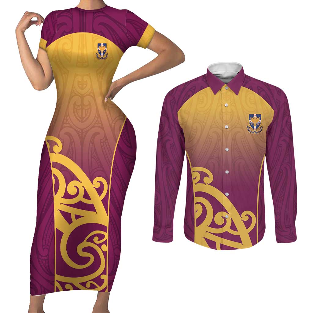 Custom Waiuku College Couples Matching Short Sleeve Bodycon Dress and Long Sleeve Button Shirt Maori Koru Pattern LT05 Maroon - Polynesian Pride
