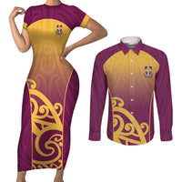 Custom Waiuku College Couples Matching Short Sleeve Bodycon Dress and Long Sleeve Button Shirt Maori Koru Pattern