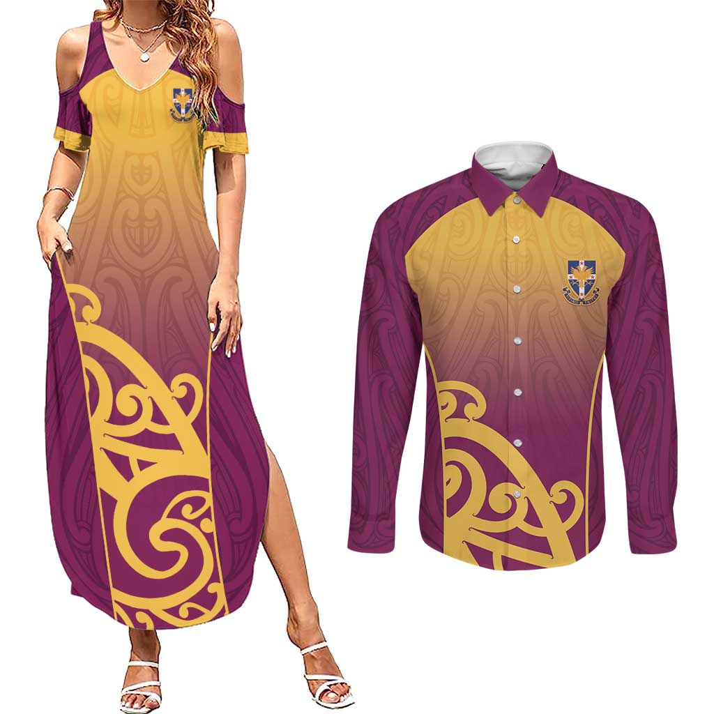 Custom Waiuku College Couples Matching Summer Maxi Dress and Long Sleeve Button Shirt Maori Koru Pattern LT05 Maroon - Polynesian Pride