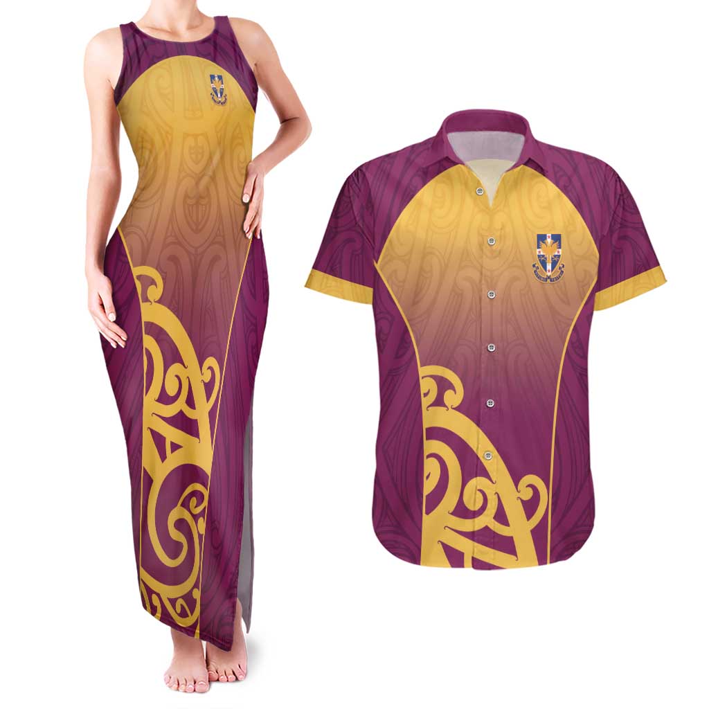 Custom Waiuku College Couples Matching Tank Maxi Dress and Hawaiian Shirt Maori Koru Pattern