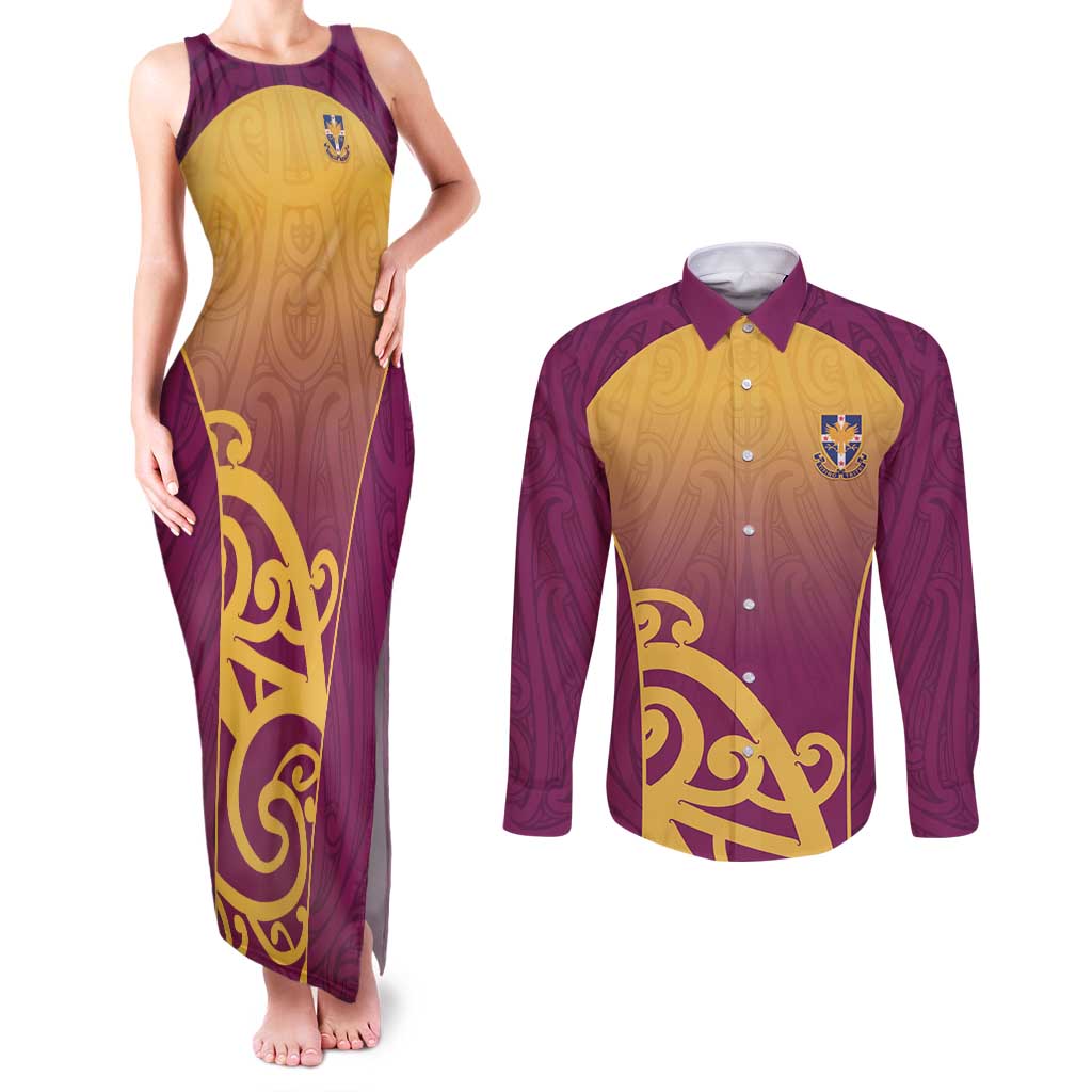 Custom Waiuku College Couples Matching Tank Maxi Dress and Long Sleeve Button Shirt Maori Koru Pattern LT05 Maroon - Polynesian Pride