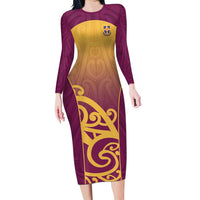 Custom Waiuku College Family Matching Long Sleeve Bodycon Dress and Hawaiian Shirt Maori Koru Pattern LT05 Mom's Dress Maroon - Polynesian Pride