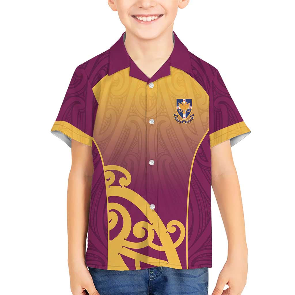 Custom Waiuku College Family Matching Off Shoulder Short Dress and Hawaiian Shirt Maori Koru Pattern LT05 Son's Shirt Maroon - Polynesian Pride