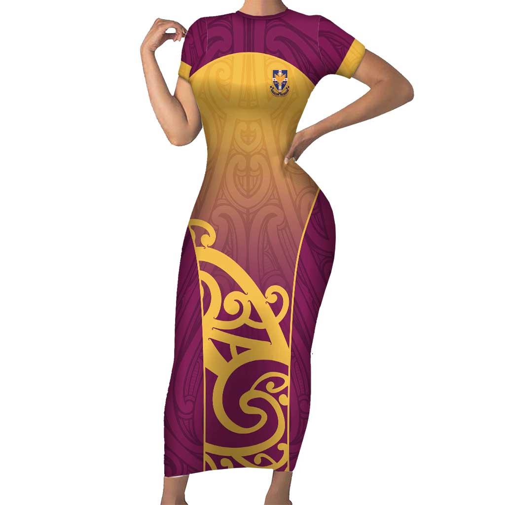 Custom Waiuku College Family Matching Short Sleeve Bodycon Dress and Hawaiian Shirt Maori Koru Pattern LT05 Mom's Dress Maroon - Polynesian Pride