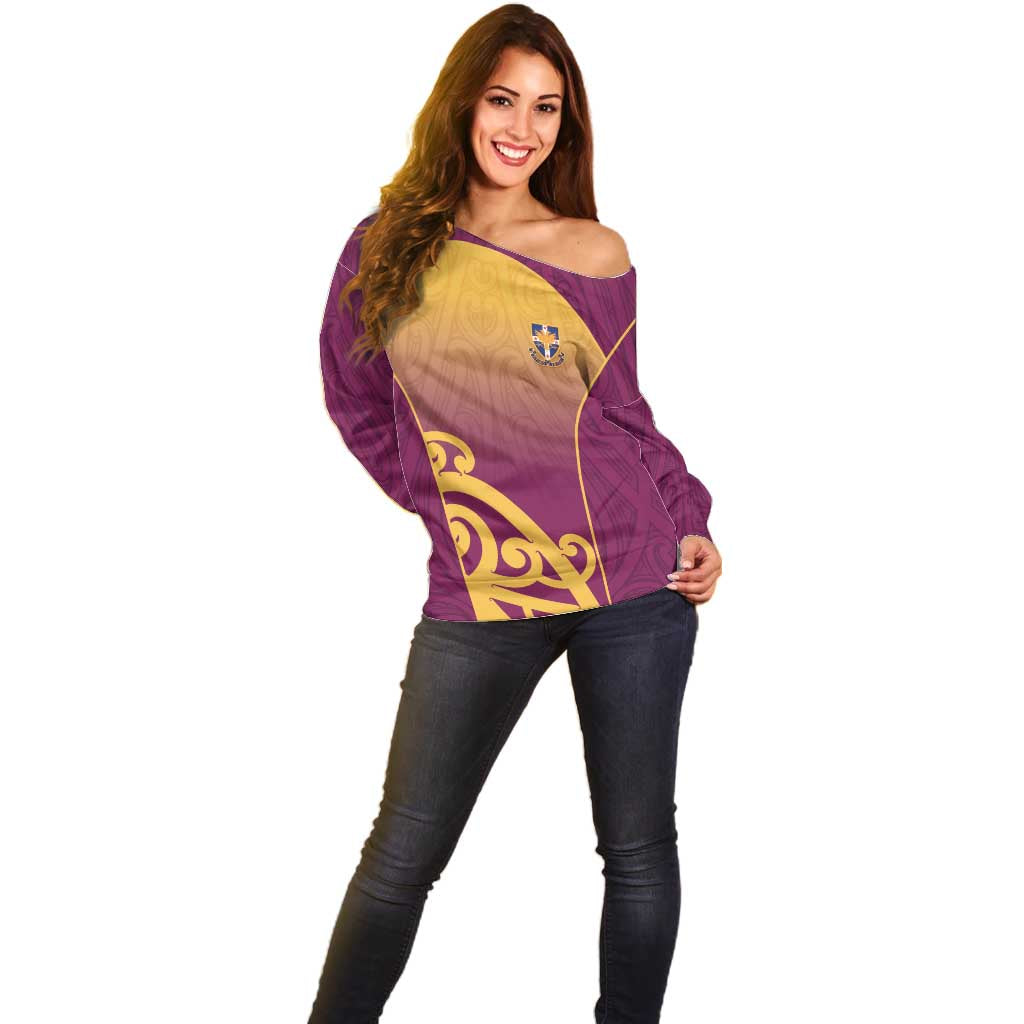 Custom Waiuku College Off Shoulder Sweater Maori Koru Pattern