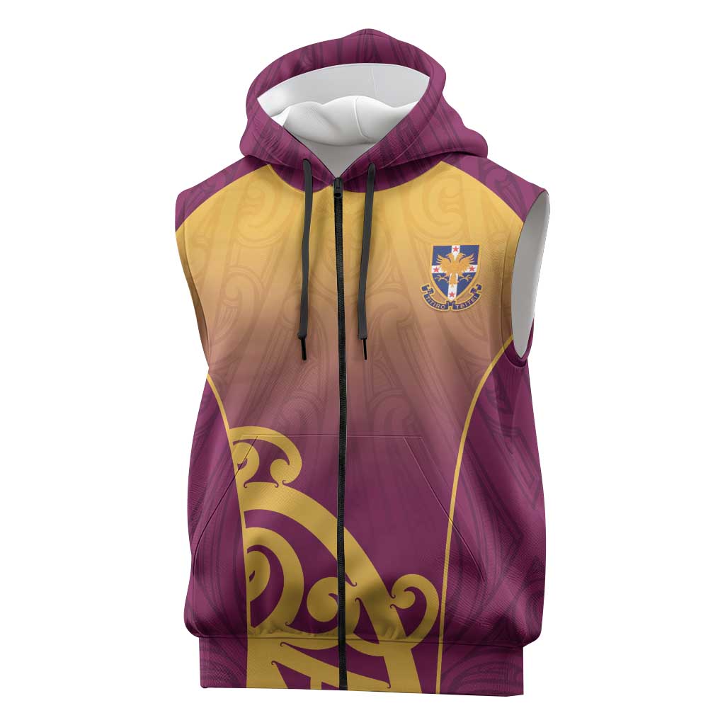 Custom Waiuku College Sleeveless Zip Hoodie Maori Koru Pattern LT05 Maroon - Polynesian Pride