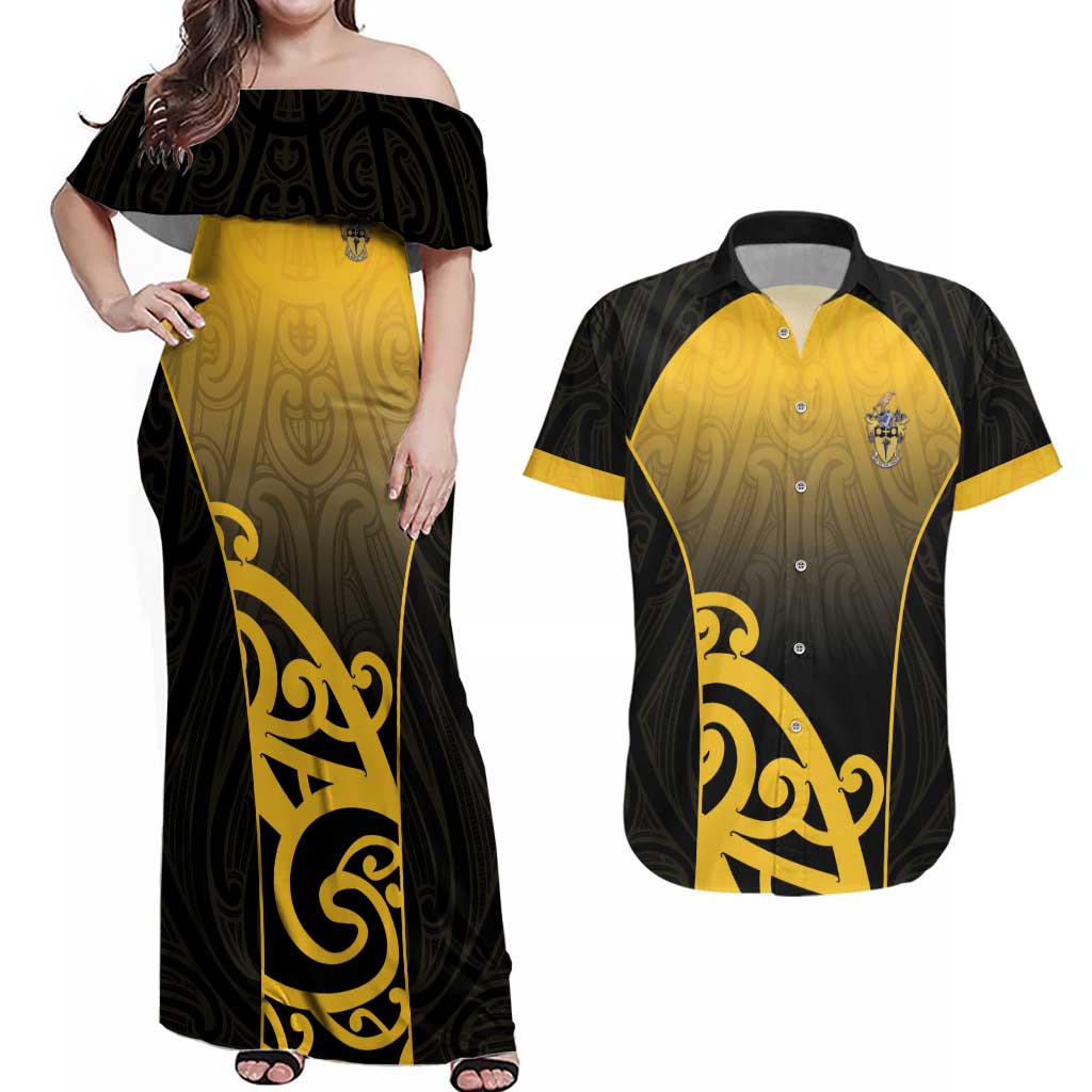 Custom Motueka High School Couples Matching Off Shoulder Maxi Dress and Hawaiian Shirt Maori Koru Pattern LT05 Black - Polynesian Pride