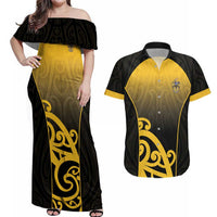 Custom Motueka High School Couples Matching Off Shoulder Maxi Dress and Hawaiian Shirt Maori Koru Pattern LT05 Black - Polynesian Pride