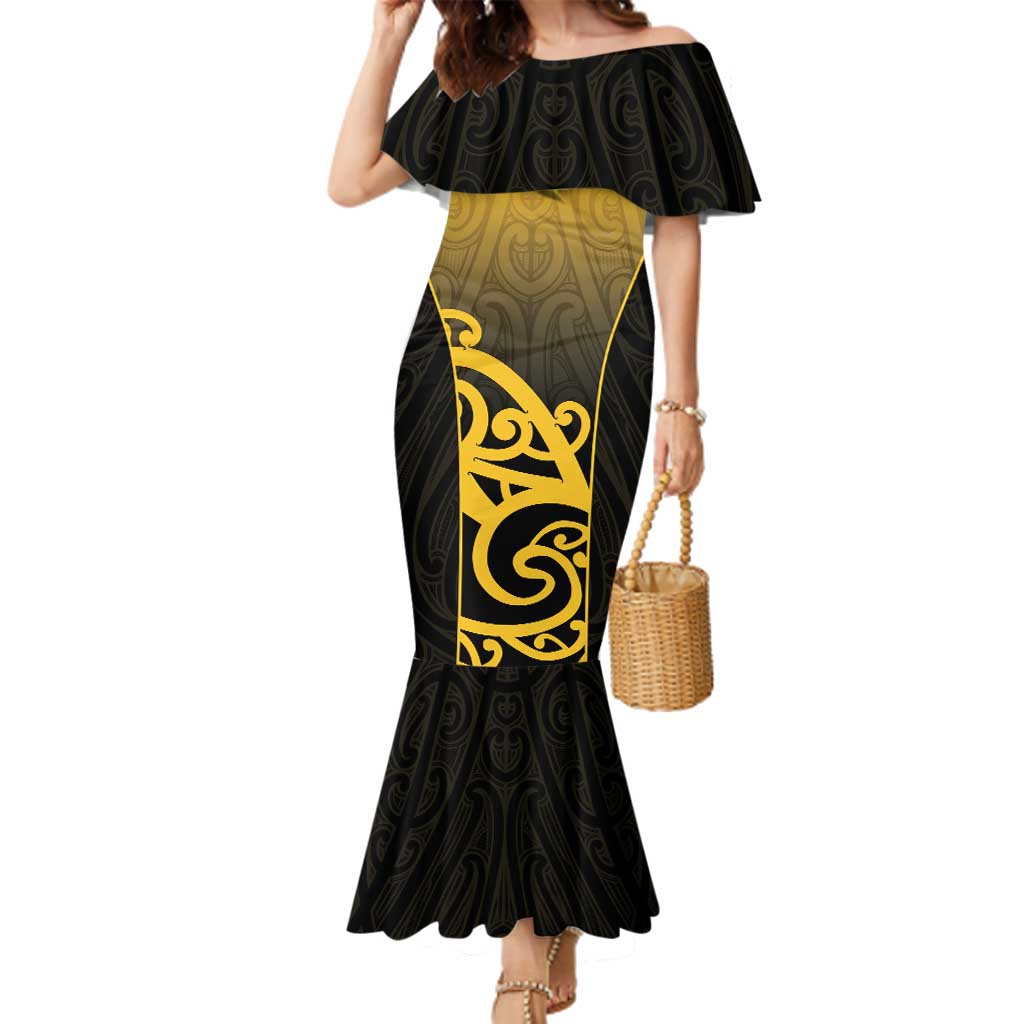 Custom Motueka High School Family Matching Mermaid Dress and Hawaiian Shirt Maori Koru Pattern LT05 Mom's Dress Black - Polynesian Pride