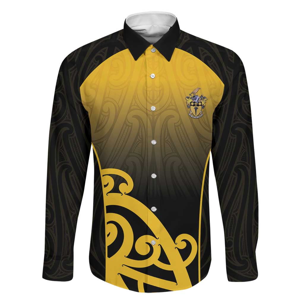Custom Motueka High School Family Matching Off Shoulder Maxi Dress and Hawaiian Shirt Maori Koru Pattern LT05 Dad's Shirt - Long Sleeve Black - Polynesian Pride