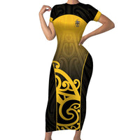 Custom Motueka High School Family Matching Short Sleeve Bodycon Dress and Hawaiian Shirt Maori Koru Pattern LT05 Mom's Dress Black - Polynesian Pride
