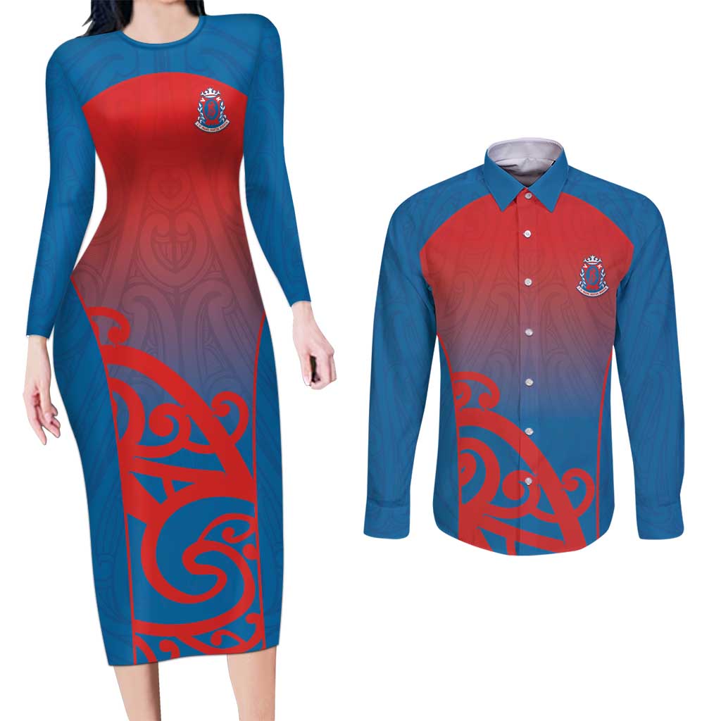 Custom St Joseph's Maori Girls' College Couples Matching Long Sleeve Bodycon Dress and Long Sleeve Button Shirt Maori Koru Pattern