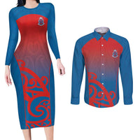Custom St Joseph's Maori Girls' College Couples Matching Long Sleeve Bodycon Dress and Long Sleeve Button Shirt Maori Koru Pattern LT05 Blue - Polynesian Pride