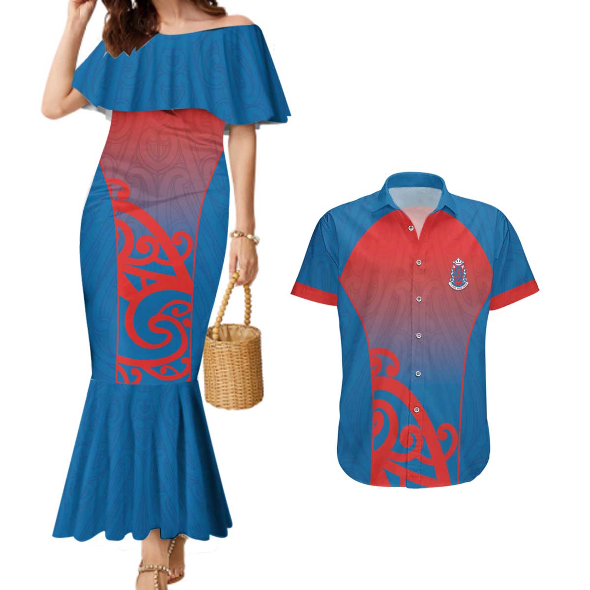 Custom St Joseph's Maori Girls' College Couples Matching Mermaid Dress and Hawaiian Shirt Maori Koru Pattern LT05 Blue - Polynesian Pride