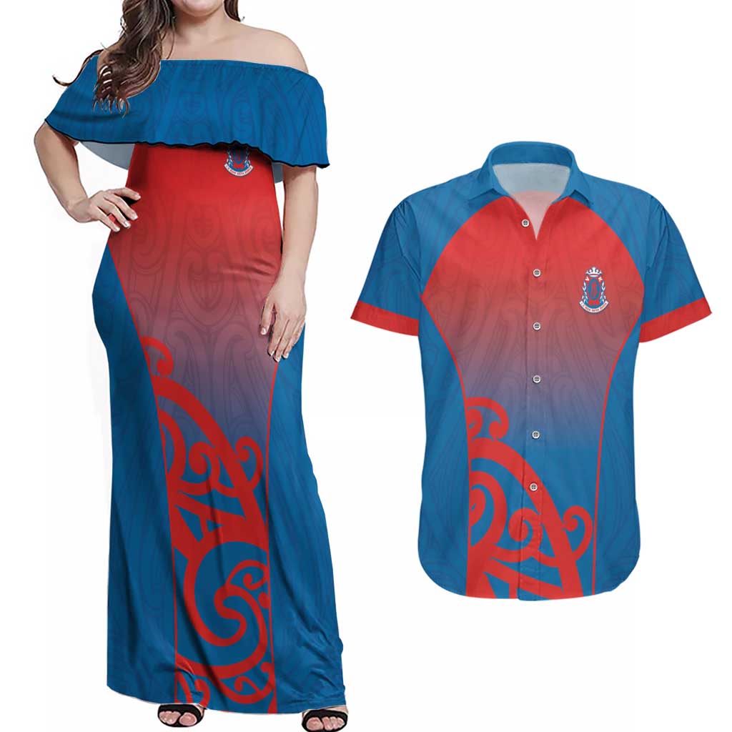 Custom St Joseph's Maori Girls' College Couples Matching Off Shoulder Maxi Dress and Hawaiian Shirt Maori Koru Pattern LT05 Blue - Polynesian Pride