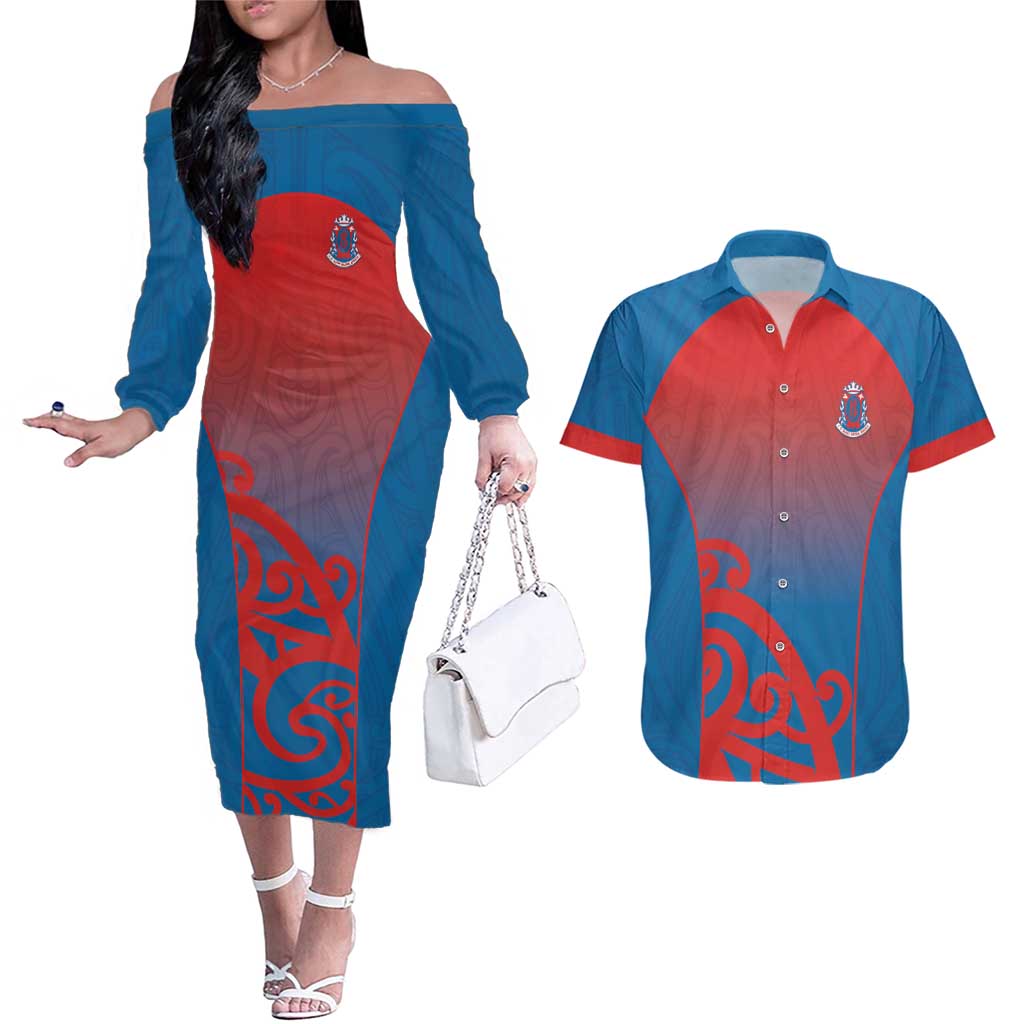 Custom St Joseph's Maori Girls' College Couples Matching Off The Shoulder Long Sleeve Dress and Hawaiian Shirt Maori Koru Pattern LT05 Blue - Polynesian Pride