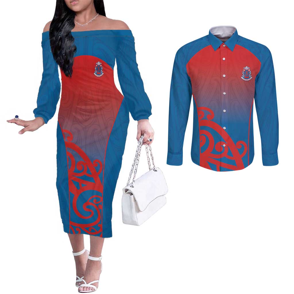 Custom St Joseph's Maori Girls' College Couples Matching Off The Shoulder Long Sleeve Dress and Long Sleeve Button Shirt Maori Koru Pattern LT05 Blue - Polynesian Pride
