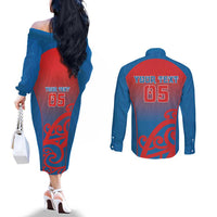 Custom St Joseph's Maori Girls' College Couples Matching Off The Shoulder Long Sleeve Dress and Long Sleeve Button Shirt Maori Koru Pattern LT05 - Polynesian Pride