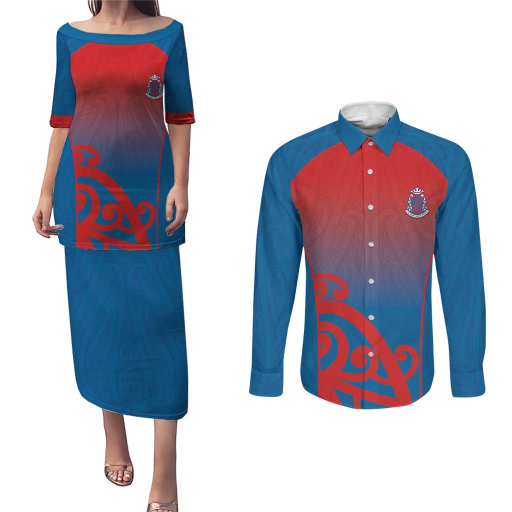 Custom St Joseph's Maori Girls' College Couples Matching Puletasi and Long Sleeve Button Shirt Maori Koru Pattern
