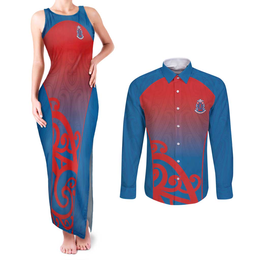 Custom St Joseph's Maori Girls' College Couples Matching Tank Maxi Dress and Long Sleeve Button Shirt Maori Koru Pattern LT05 Blue - Polynesian Pride