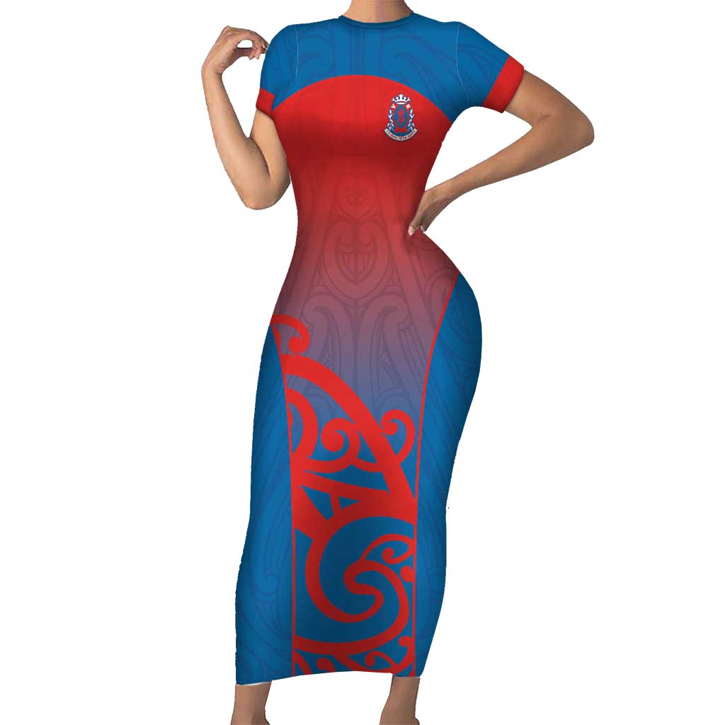 Custom St Joseph's Maori Girls' College Family Matching Short Sleeve Bodycon Dress and Hawaiian Shirt Maori Koru Pattern LT05 Mom's Dress Blue - Polynesian Pride