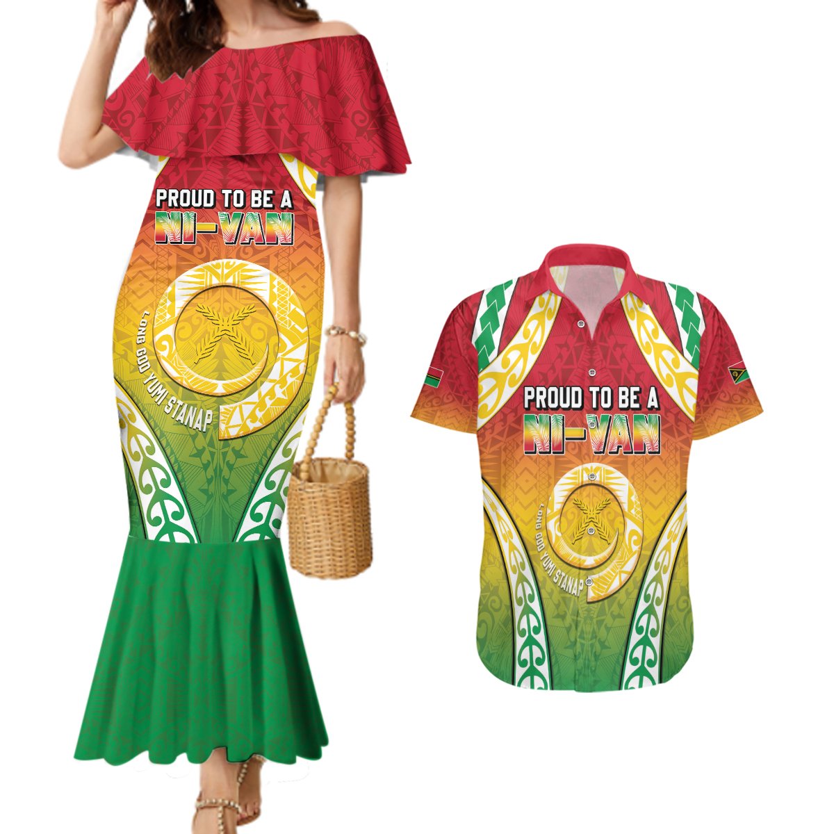 Personalised Vanuatu Couples Matching Mermaid Dress and Hawaiian Shirt Proud To Be A Ni-Van With Tribal Pattern LT05 Reggae - Polynesian Pride