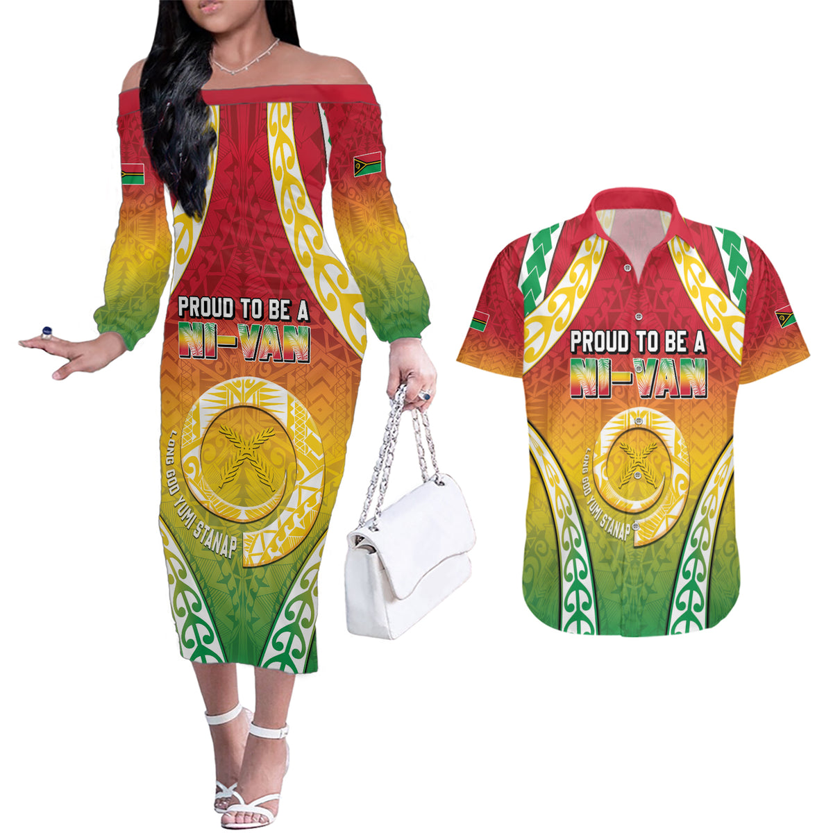 Personalised Vanuatu Couples Matching Off The Shoulder Long Sleeve Dress and Hawaiian Shirt Proud To Be A Ni-Van With Tribal Pattern LT05 Reggae - Polynesian Pride
