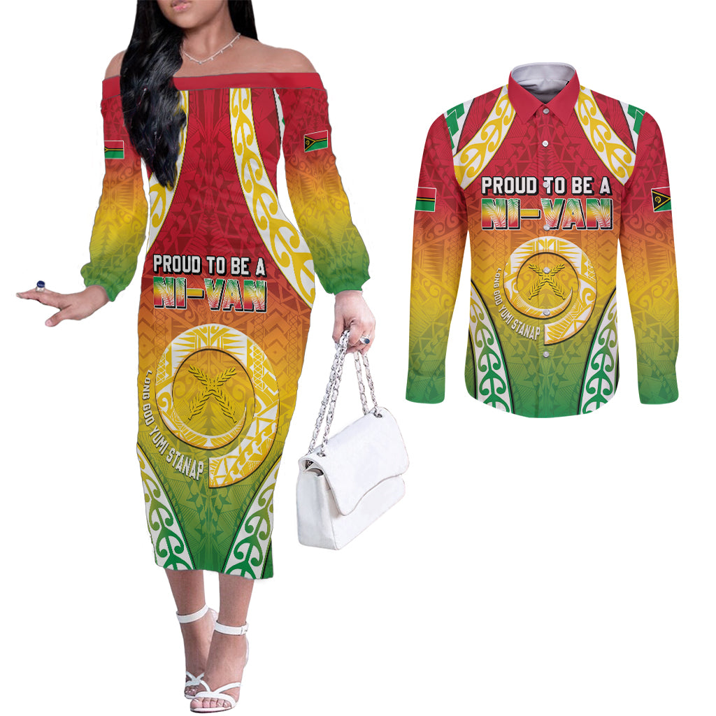 Personalised Vanuatu Couples Matching Off The Shoulder Long Sleeve Dress and Long Sleeve Button Shirt Proud To Be A Ni-Van With Tribal Pattern LT05 Reggae - Polynesian Pride