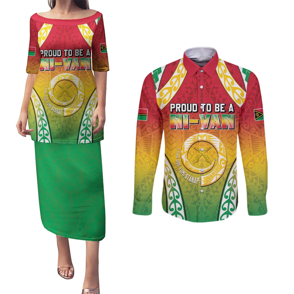Personalised Vanuatu Couples Matching Puletasi and Long Sleeve Button Shirt Proud To Be A Ni-Van With Tribal Pattern LT05 Reggae - Polynesian Pride