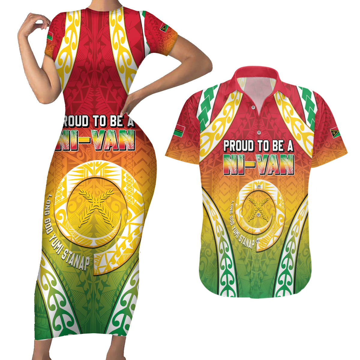Personalised Vanuatu Couples Matching Short Sleeve Bodycon Dress and Hawaiian Shirt Proud To Be A Ni-Van With Tribal Pattern LT05 Reggae - Polynesian Pride