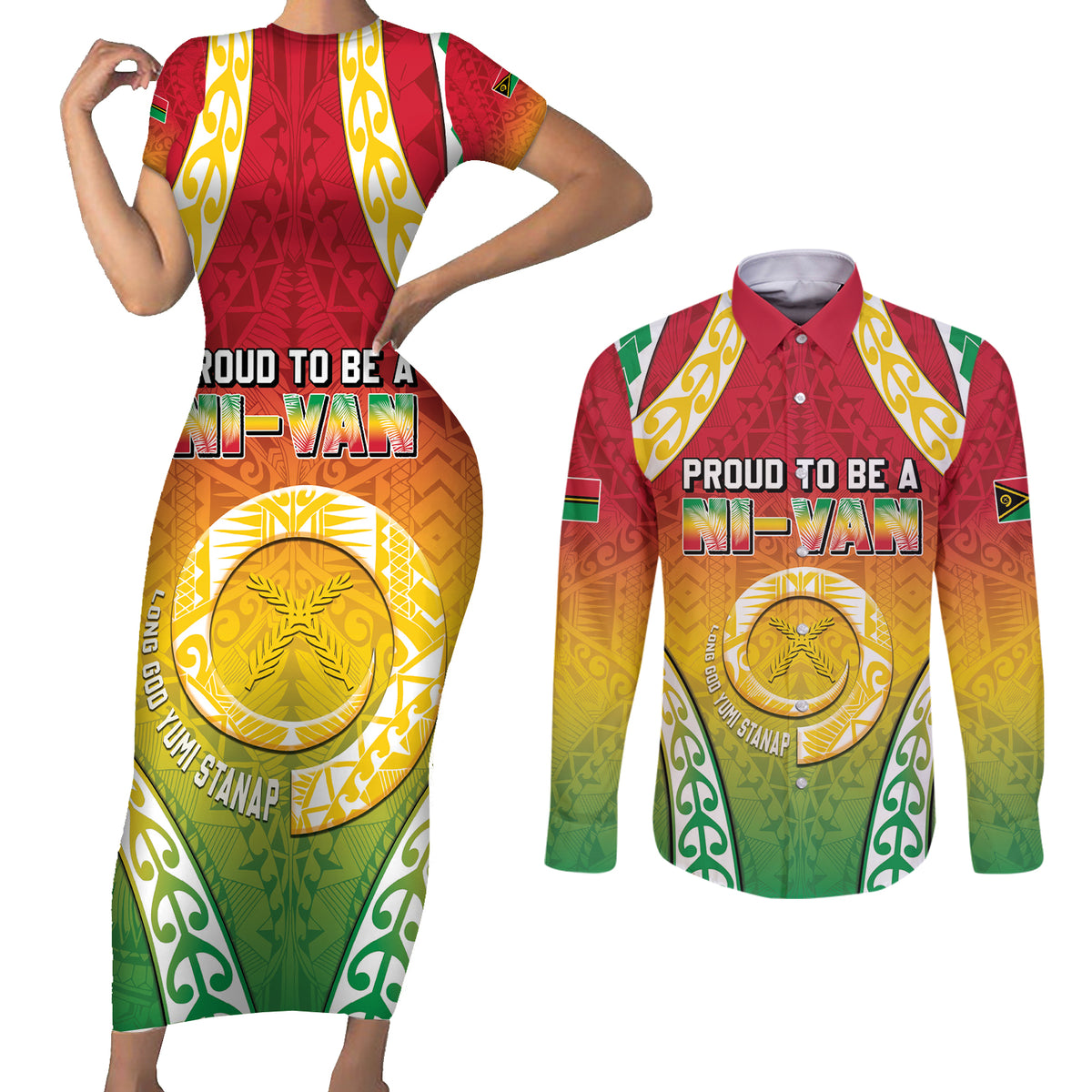 Personalised Vanuatu Couples Matching Short Sleeve Bodycon Dress and Long Sleeve Button Shirt Proud To Be A Ni-Van With Tribal Pattern LT05 Reggae - Polynesian Pride