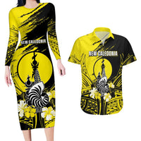 Personalised New Caledonia Day Couples Matching Long Sleeve Bodycon Dress and Hawaiian Shirt Kanaky Flag Coat Of Arms Polynesian Pattern LT05 Yellow - Polynesian Pride
