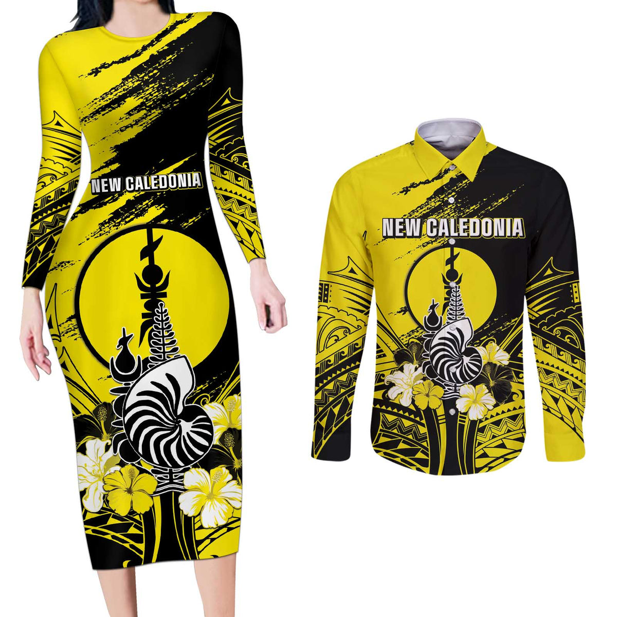 Personalised New Caledonia Day Couples Matching Long Sleeve Bodycon Dress and Long Sleeve Button Shirt Kanaky Flag Coat Of Arms Polynesian Pattern LT05 Yellow - Polynesian Pride