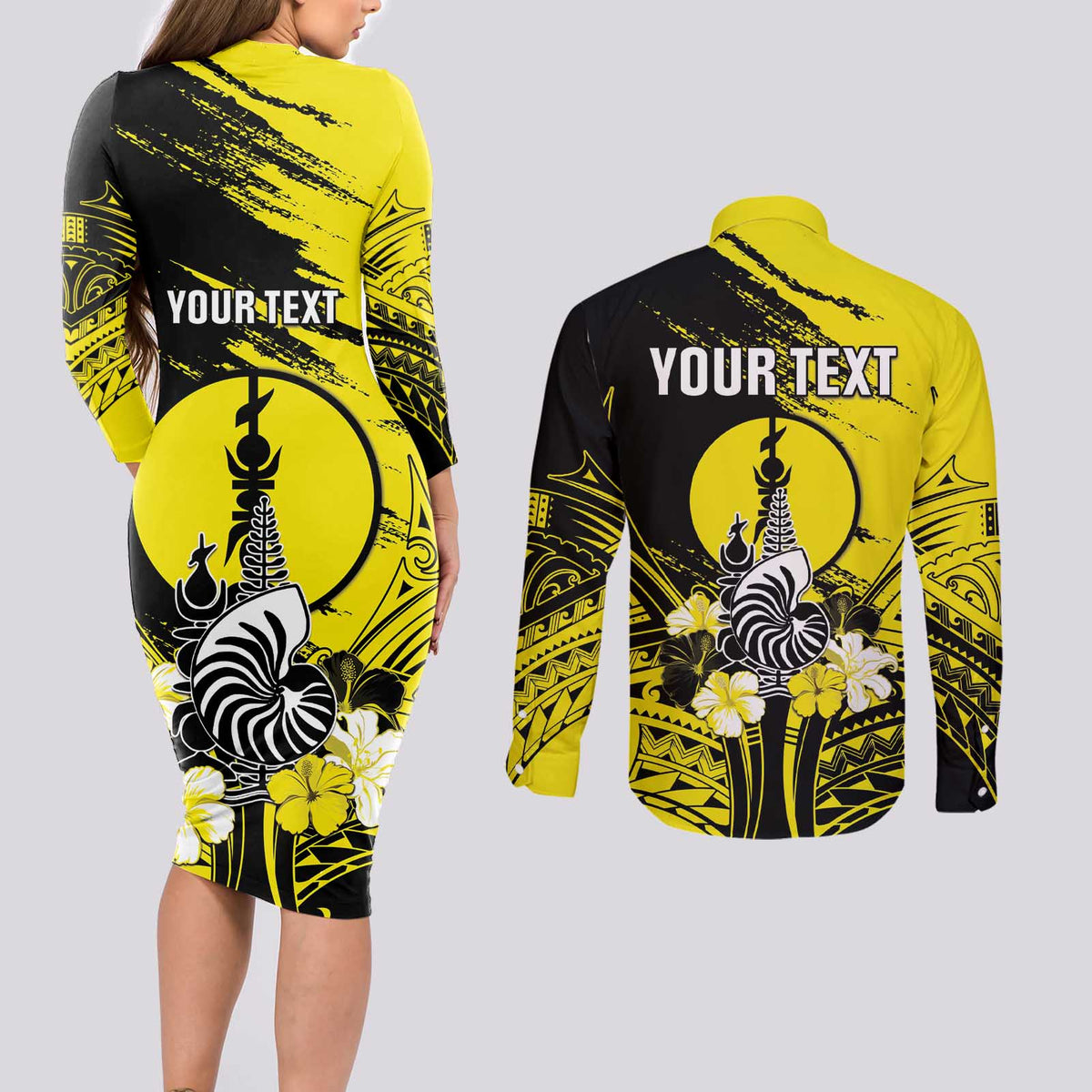 Personalised New Caledonia Day Couples Matching Long Sleeve Bodycon Dress and Long Sleeve Button Shirt Kanaky Flag Coat Of Arms Polynesian Pattern LT05 - Polynesian Pride