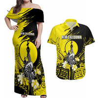 Personalised New Caledonia Day Couples Matching Off Shoulder Maxi Dress and Hawaiian Shirt Kanaky Flag Coat Of Arms Polynesian Pattern LT05 Yellow - Polynesian Pride