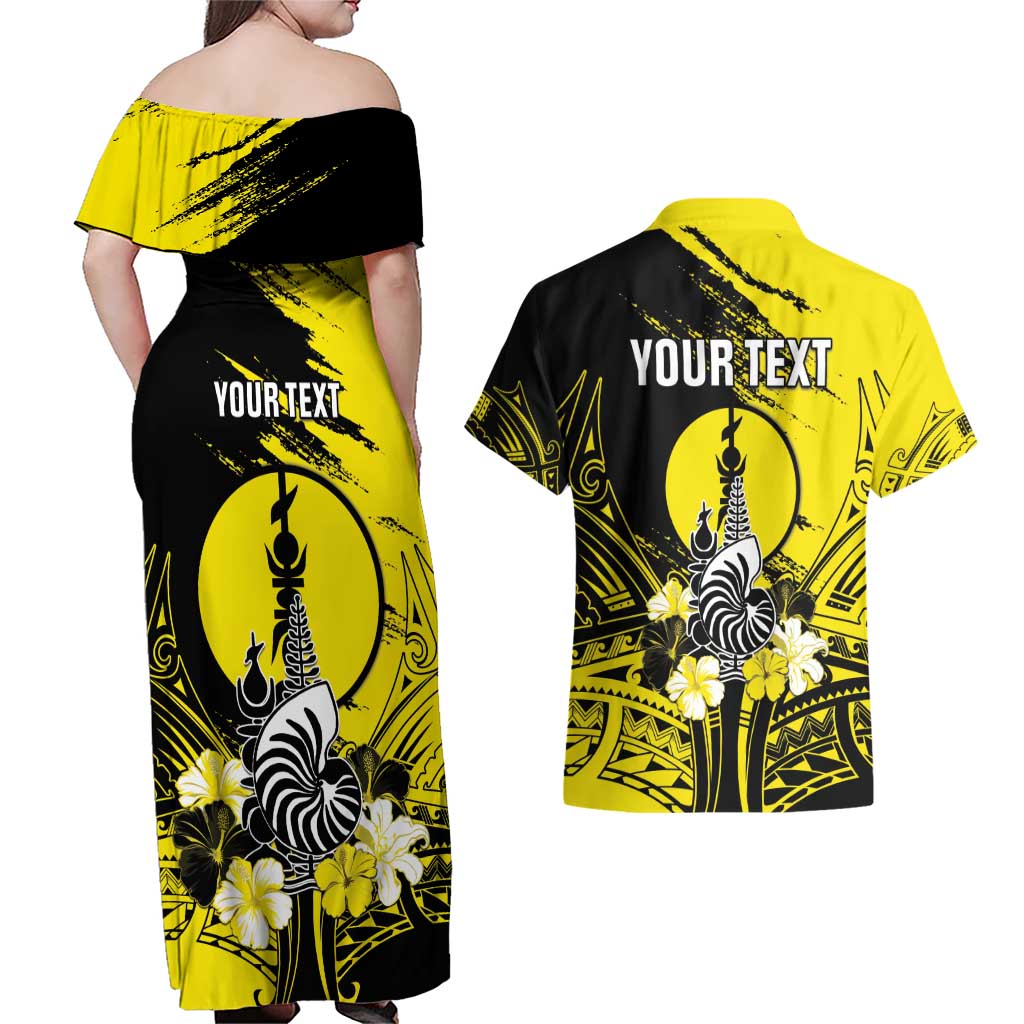 Personalised New Caledonia Day Couples Matching Off Shoulder Maxi Dress and Hawaiian Shirt Kanaky Flag Coat Of Arms Polynesian Pattern LT05 - Polynesian Pride