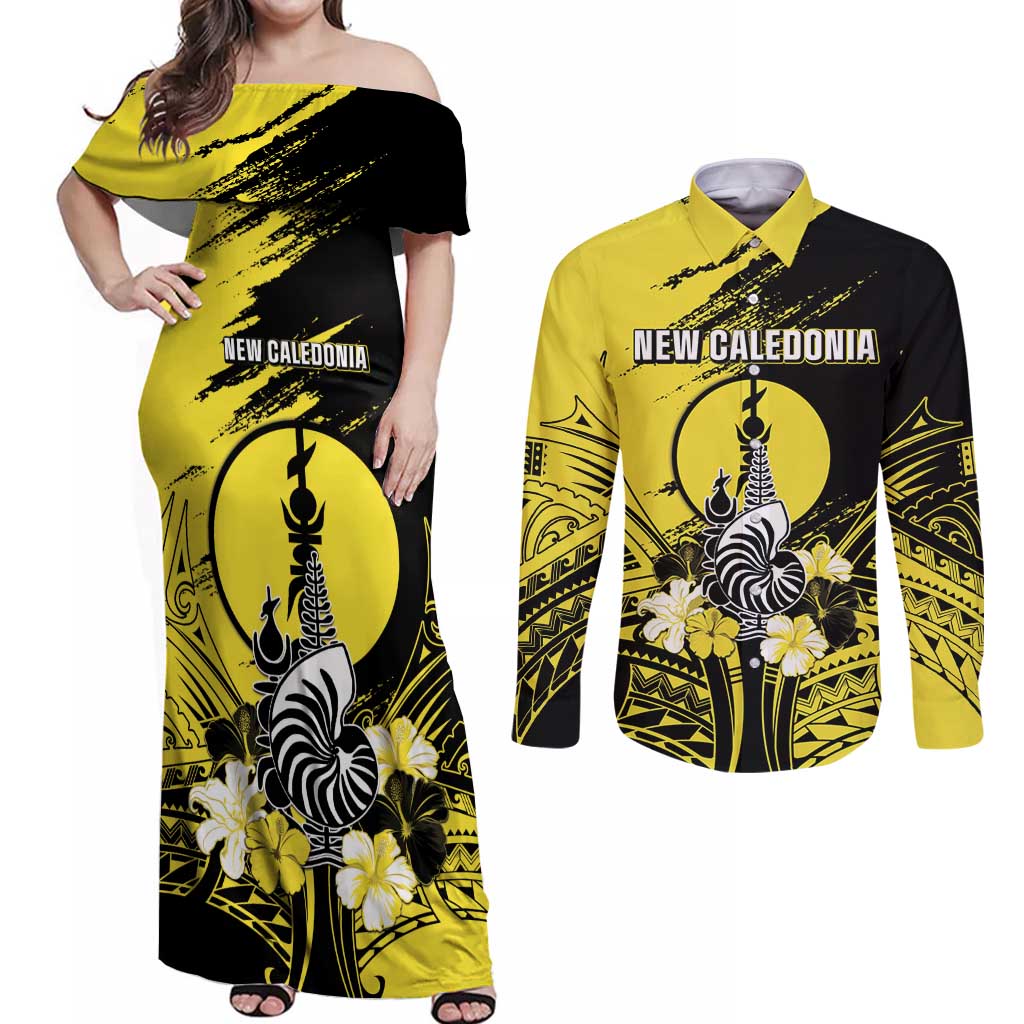 Personalised New Caledonia Day Couples Matching Off Shoulder Maxi Dress and Long Sleeve Button Shirt Kanaky Flag Coat Of Arms Polynesian Pattern LT05 Yellow - Polynesian Pride