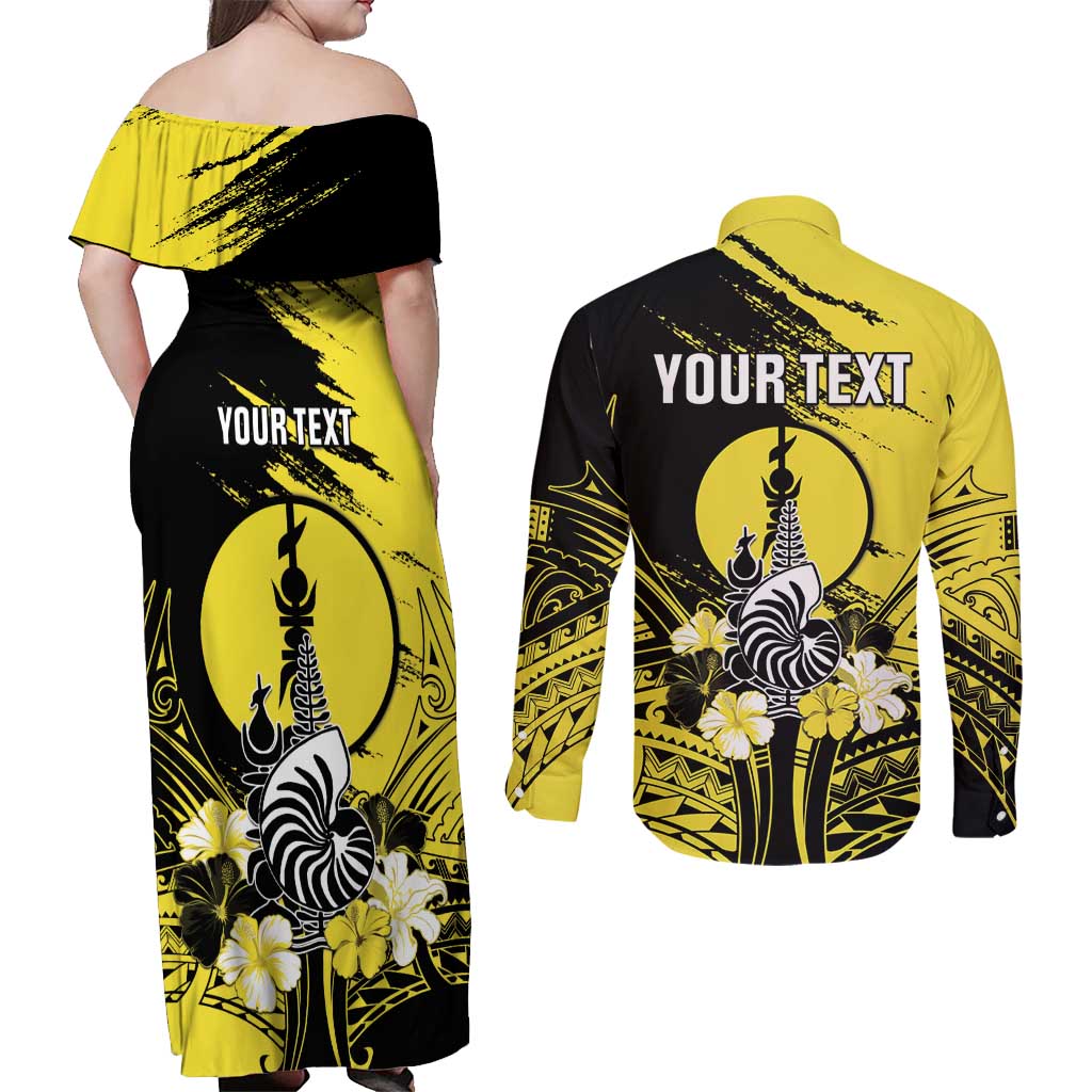 Personalised New Caledonia Day Couples Matching Off Shoulder Maxi Dress and Long Sleeve Button Shirt Kanaky Flag Coat Of Arms Polynesian Pattern LT05 - Polynesian Pride
