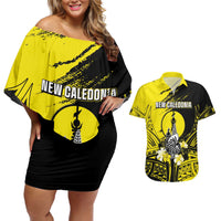 Personalised New Caledonia Day Couples Matching Off Shoulder Short Dress and Hawaiian Shirt Kanaky Flag Coat Of Arms Polynesian Pattern LT05 Yellow - Polynesian Pride